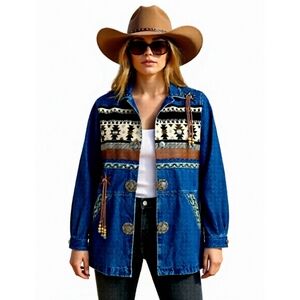Vintage Western Jean Jacket Chore Coat Size Large Aztec Lined Fringe Retro Boho